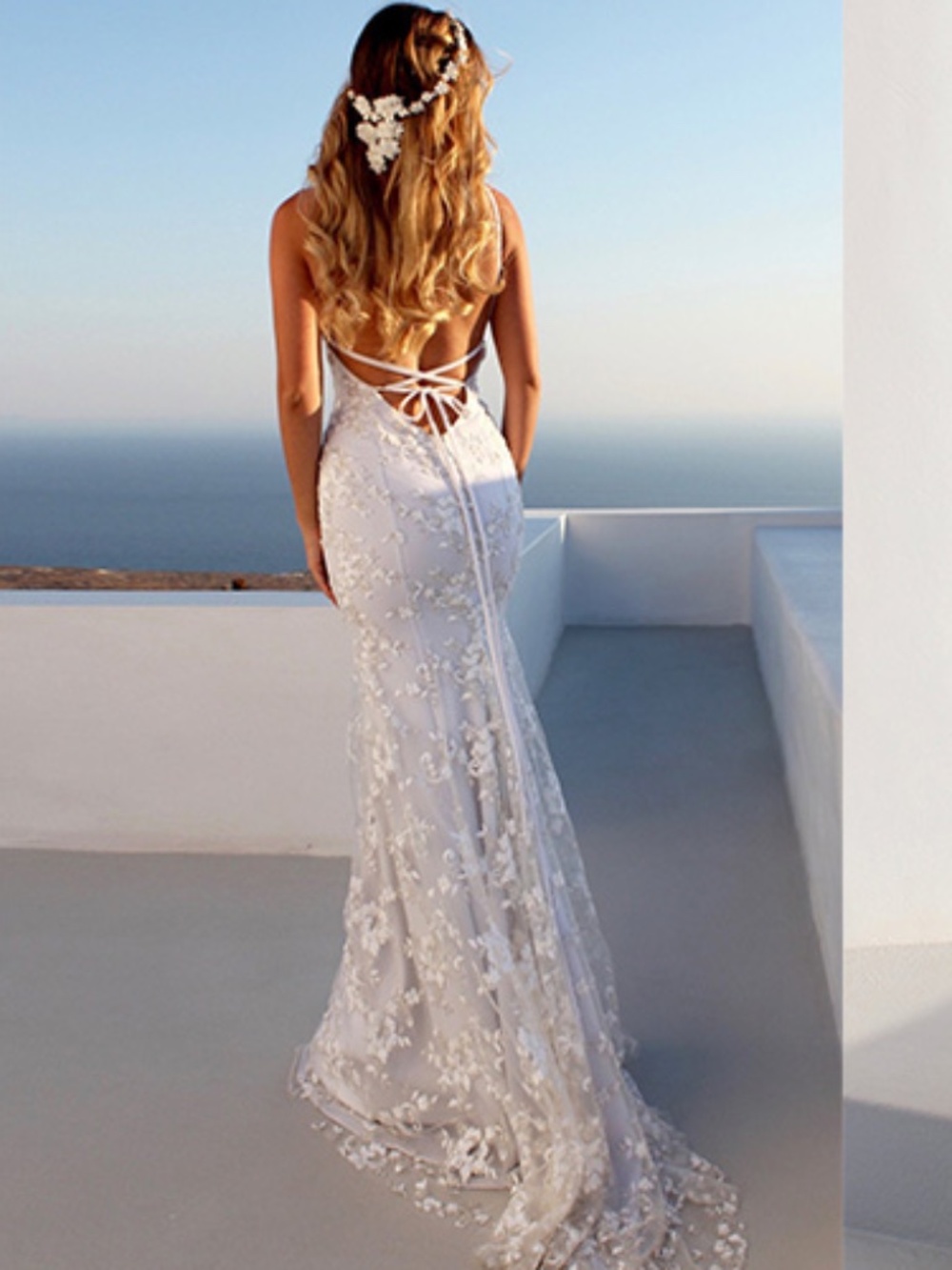Lace Appliqué Mermaid Wedding Dress Ivory US 4 Open Back Bridal Gown